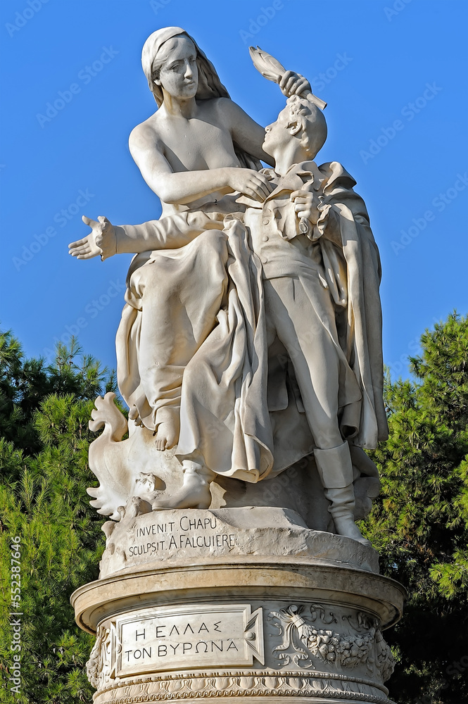 Obraz premium Greece crowned Lord Byron, Athens, Greece. In English top inscription means Designed by Chapu and sculptured by A. Falguiere and bottom one means From Greece to Byron