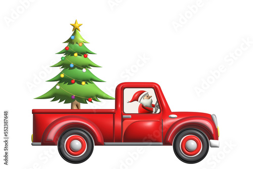 Merry Christmas and Happy New Year. Santa Claus in red retro convertible car carries Christmas tree. Xmas 3d design  vintage banner  modern poster  holiday flyer. Winter. 3d render illustration