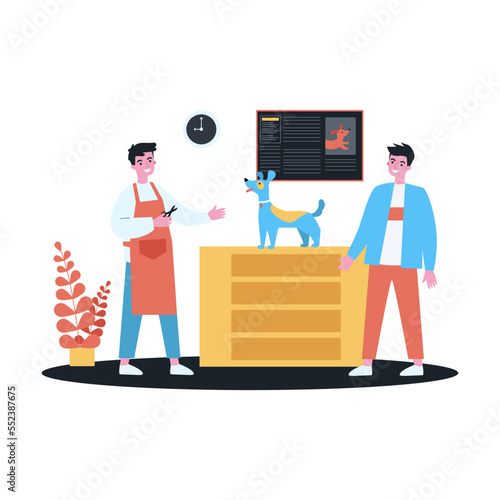 Man bringing his dog for haircut to groomer. Flat vector illustration. Owner taking care of appearance and health of his pet, groomer with scissors. Care, animal, grooming concept