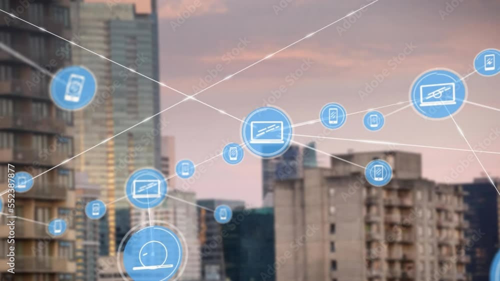 Animation of network of digital icons against aerial view of tall buildings Animation of network of digital icons against aerial view of tall buildings