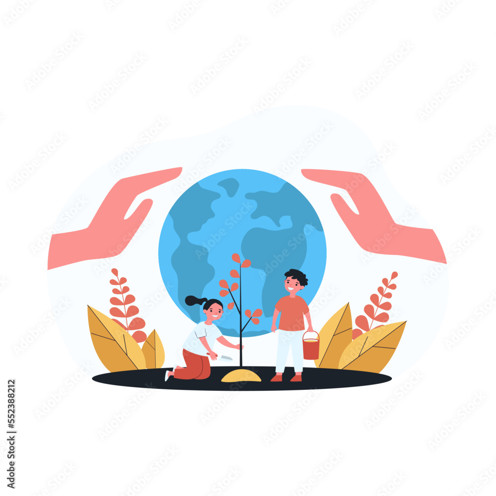 Happy children planting tree together in front of globe. Giant hands protecting Earth flat vector illustration. Ecology, reforestation, environment concept for banner Happy children planting tree together in front of globe. Giant hands protecting Earth flat vector illustration. Ecology, reforestation, environment concept for banner
