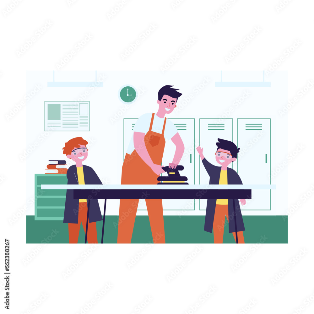 Teacher and pupils using plane during arts and crafts in school. Students getting new skills flat vector illustration. Education, equipment concept for banner, website design Teacher and pupils using plane during arts and crafts in school. Students getting new skills flat vector illustration. Education, equipment concept for banner, website design