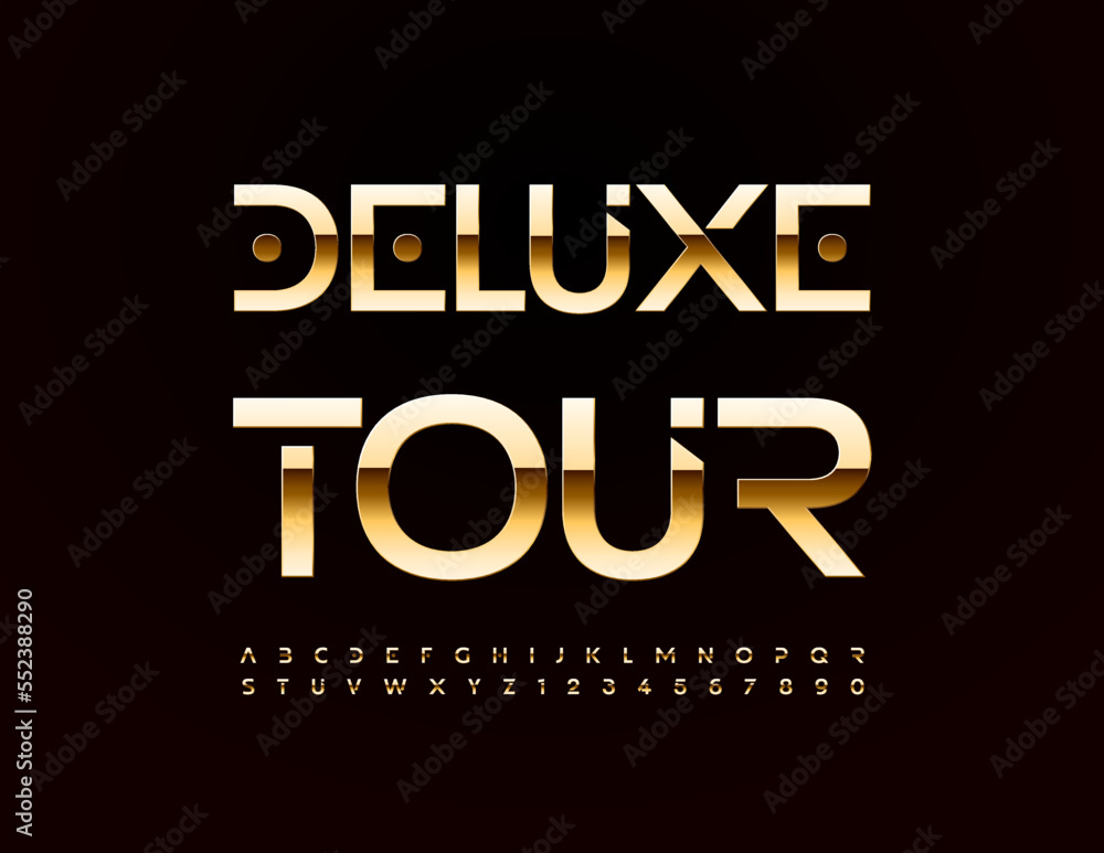 Vector premium logo Deluxe Tour. Glossy futuristic Font. Modern Gold Alphabet Letters and Numbers set