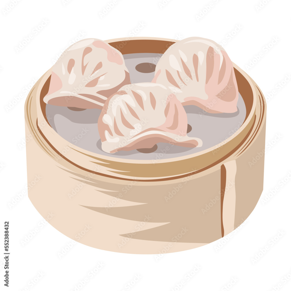 Fototapeta premium Chinese dishes. Vector illustration of traditional food in China. Wonton, fried spring rolls and pork bun isolated on white. Chinese meals menu concept