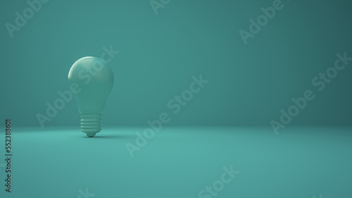 Cyan Lightbulb on a cyan background. Horizontal composition with negative space on the right. Concept of Creativity and innovation. 