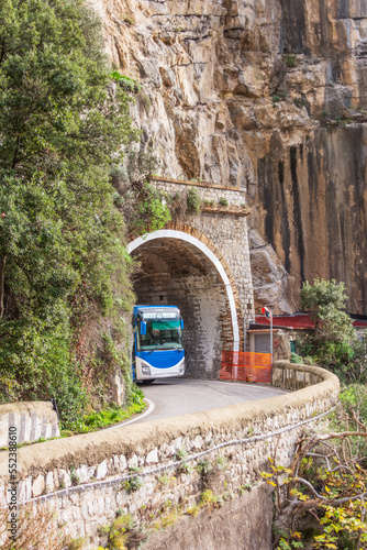 Bus exit from tunnel from highway 163 near Praiano village, by Amalfi Peninsula, Italy