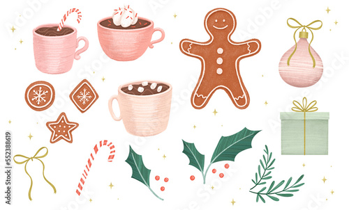 Set Of Christmas Decorations, Hot Cocoa Chocolate, Gingerbread Man, Cookies & Candy Cane