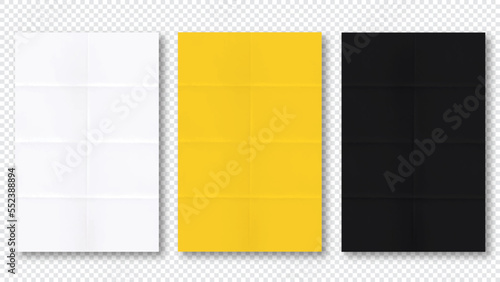 3 Abstract Textured Vector Layouts. Set of white, black, yellow сlean crumpled papers on transparent background. Crumpled empty sheets of paper with shadow for posters and banners. Vector illustration