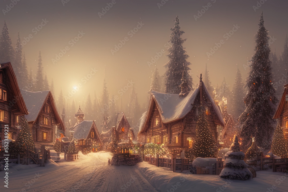 Digital painting of a Nordic village decorated with lights built inside a snowy mountain - AI Generated Digital painting of a Nordic village decorated with lights built inside a snowy mountain - AI Generated
