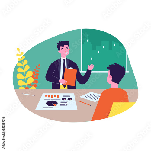 Businessman with documents talking to man at office table. Human recourses manager telling about company flat vector illustration. Job interview, HR, recruitment concept for banner