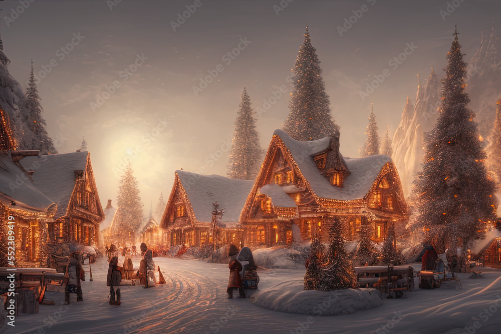Digital painting of a Nordic village decorated with lights built inside a snowy mountain - AI Generated Digital painting of a Nordic village decorated with lights built inside a snowy mountain - AI Generated