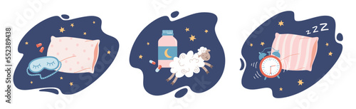 Set of illustrations about sleeping. Sleeping pills, alarm clock, pillow, face mask and cute lamb. Relaxation, sleeping concept. Trendy flat vector illustrations.