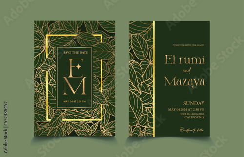 Royal Green luxury wedding invitation with golden leaves vector template