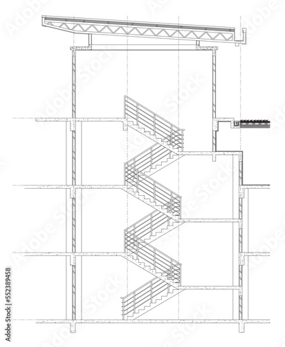 2D CAD architectural drawing section of the stairs that connect the 4 floors of the building. The stairs have steel railings on each side. This staircase has a roof.