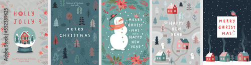 Christmas card set - hand drawn cute flyers. Postcards with lettering and Christmas background - winter village.