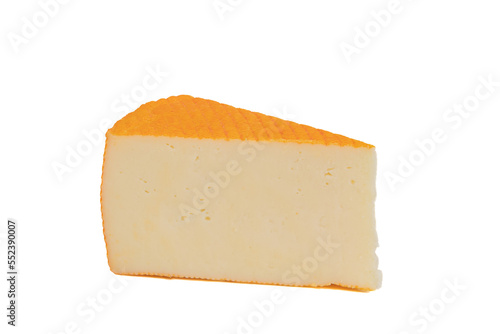 slice of pressed cheese with an orange crust, close-up