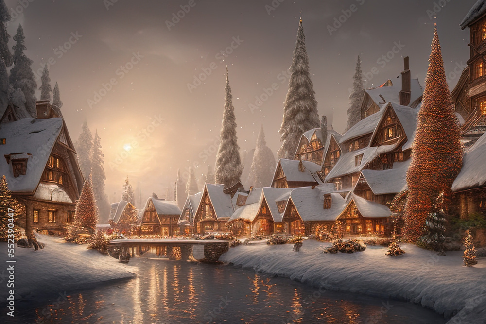 Fototapeta premium Digital painting of a Nordic village decorated with lights built inside a snowy mountain - AI Generated