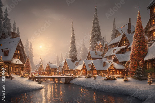 Digital painting of a Nordic village decorated with lights built inside a snowy mountain  - AI Generated
