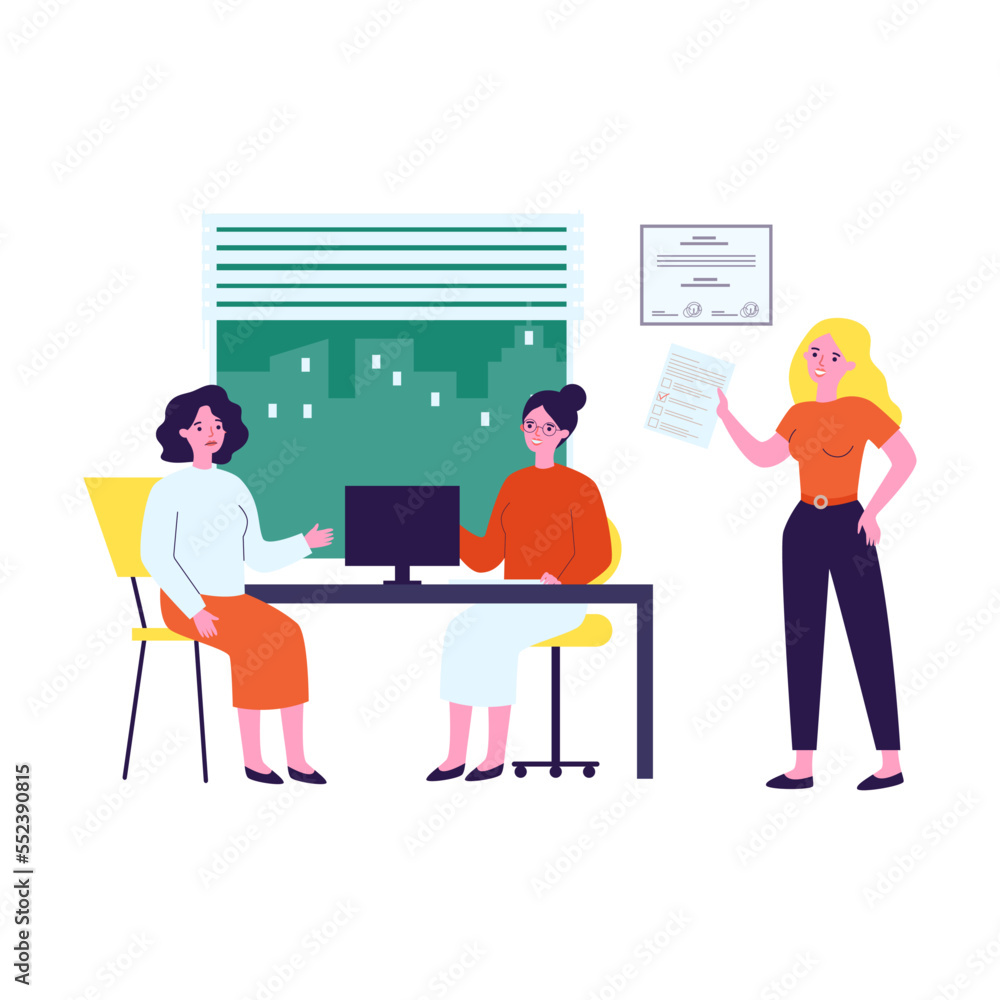 Sad woman in consultation with lawyer flat vector illustration. Female person sitting in office and talking about her problems to jurisconsults. Juridical help concept