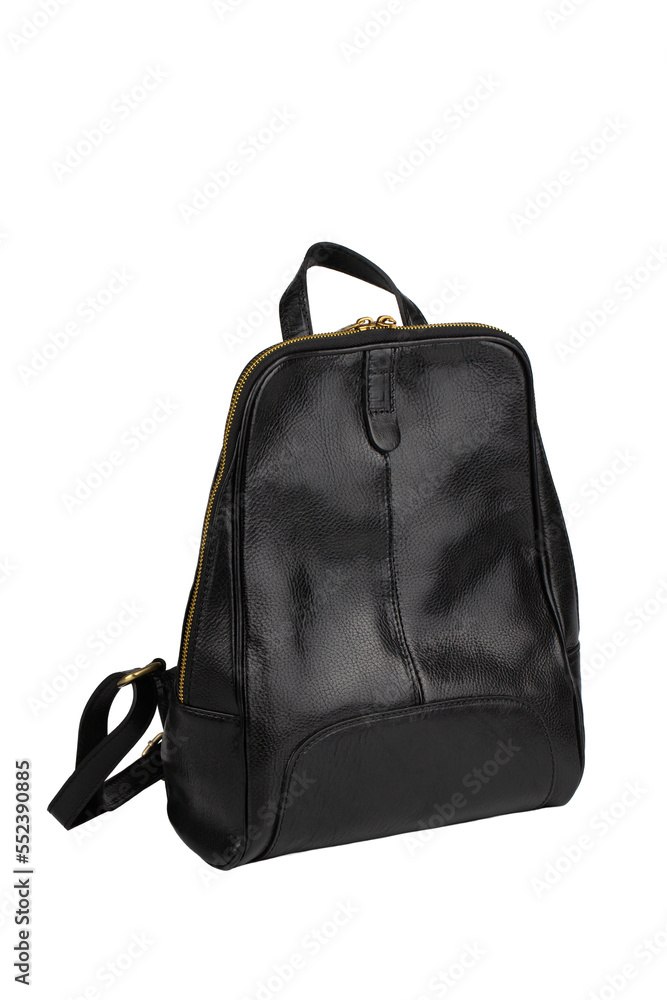Fototapeta premium women's stylish bag made of black genuine leather, backpack, isolated