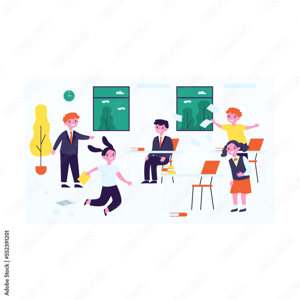 Children having fun in classroom while teacher absent. Flat vector illustration. Girls and boys going crazy, jumping, laughing, making mess in classroom at break