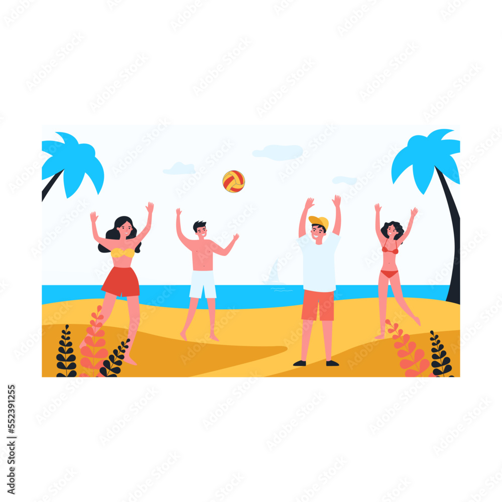 Group of friends playing with ball on beach. People in swimming suits on seashore flat vector illustration. Summer, vacation, outdoor activity concept for banner