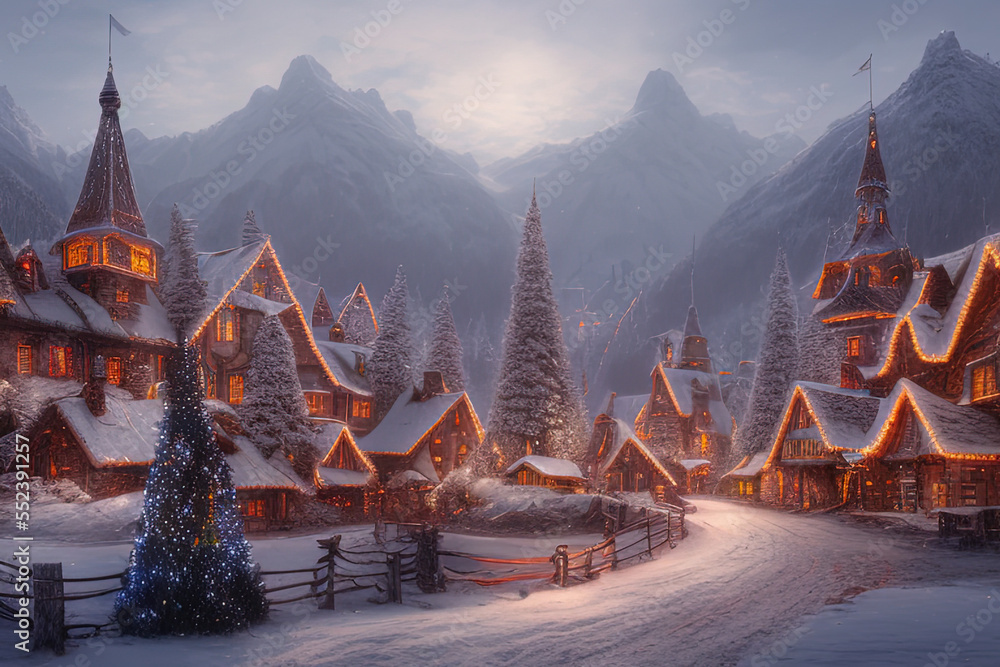 Digital painting of a Nordic village decorated with lights built inside a snowy mountain - AI Generated Digital painting of a Nordic village decorated with lights built inside a snowy mountain - AI Generated