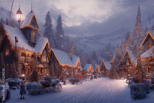 Digital painting of a Nordic village decorated with lights built inside a snowy mountain  - AI Generated © Fernando