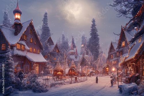 Digital painting of a Nordic village decorated with lights built inside a snowy mountain - AI Generated