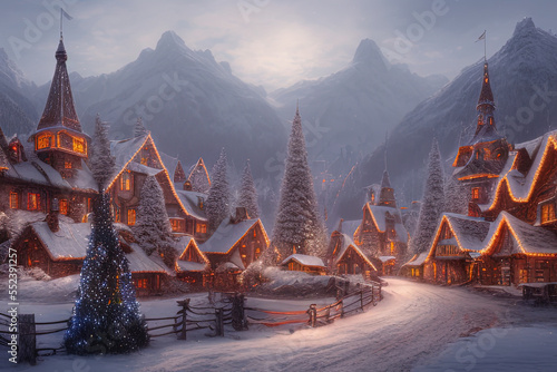 Digital painting of a Nordic village decorated with lights built inside a snowy mountain  - AI Generated