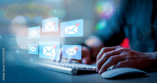 email marketing concept, company sending many e-mails or digital newsletter to customers. Mail Communication Connection message to mailing contacts phone Global Letters Concept..