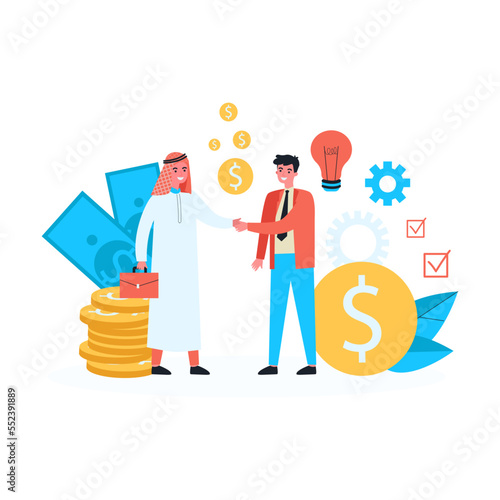 Happy Arab and Caucasian businessmen making deal. Man in national clothes shaking hands with man in suit flat vector illustration. Partnership, investment concept for website