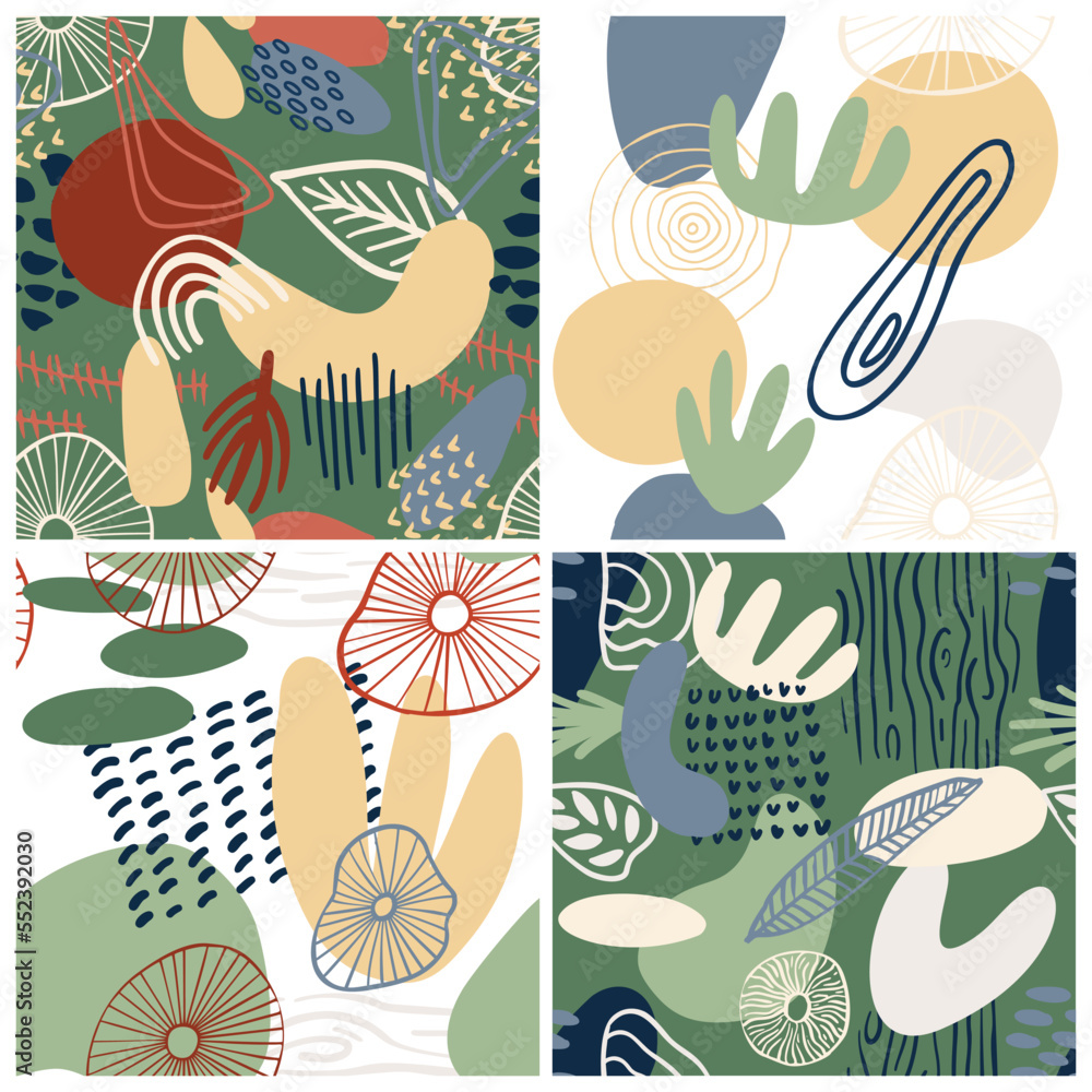 Abstract pattern set with organic shapes, leaves, nature texture. Organic spots background. Collage seamless pattern with nature texture. Trendy vector background collection for cover, social media.