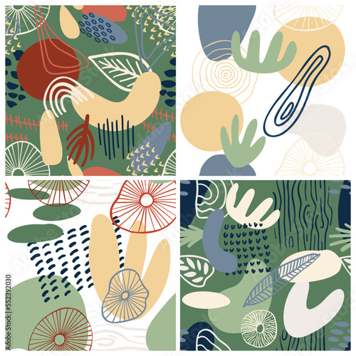Abstract pattern set with organic shapes  leaves  nature texture. Organic spots background. Collage seamless pattern with nature texture. Trendy vector background collection for cover  social media.