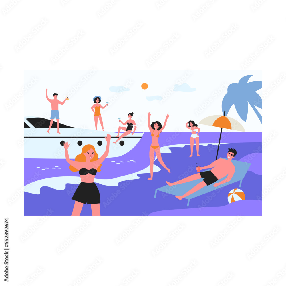 Group of young people enjoying party at seaside. Cartoon vector illustration. Men and women in swimsuits chilling on yacht and summer beach. Sea resort, vacation, summer concept