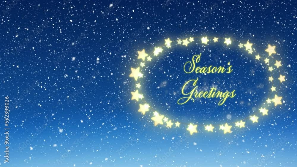Animation of snow falling over seasons greetings text over fairy lights banner on blue background Animation of snow falling over seasons greetings text over fairy lights banner on blue background