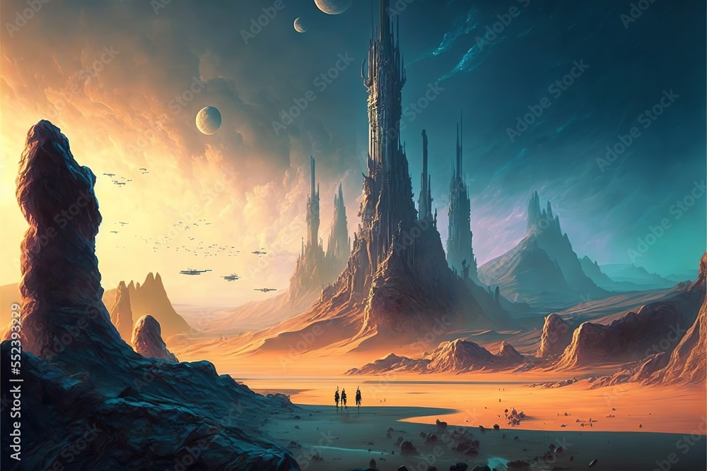 Spires of a city in the desert on an alien world, starships and moons ...