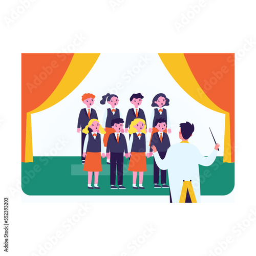Childrens choir with conductor on stage flat vector illustration. Pupils singing at school concert. Musicians, performance concept for banner, website design or landing web page
