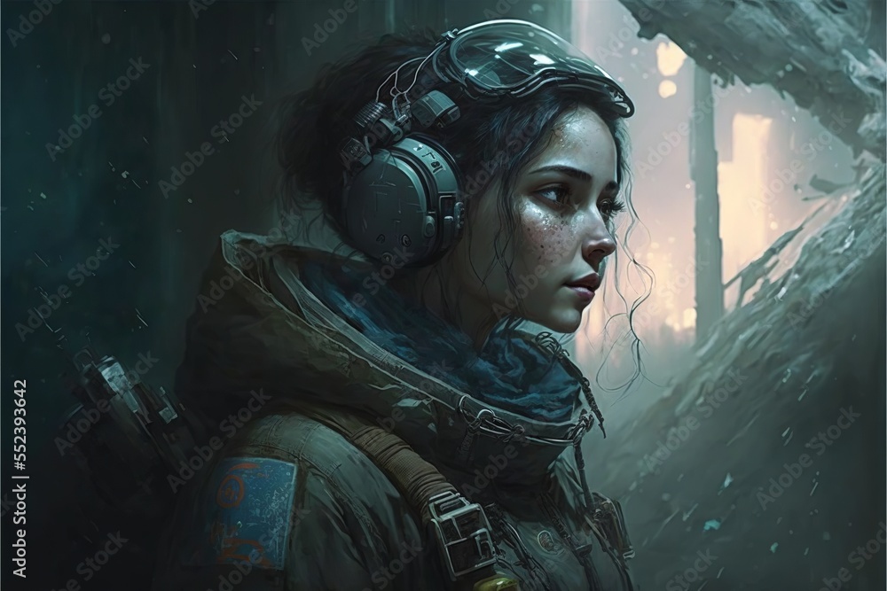 A young girl wearing goggles and a space suit surviving in the