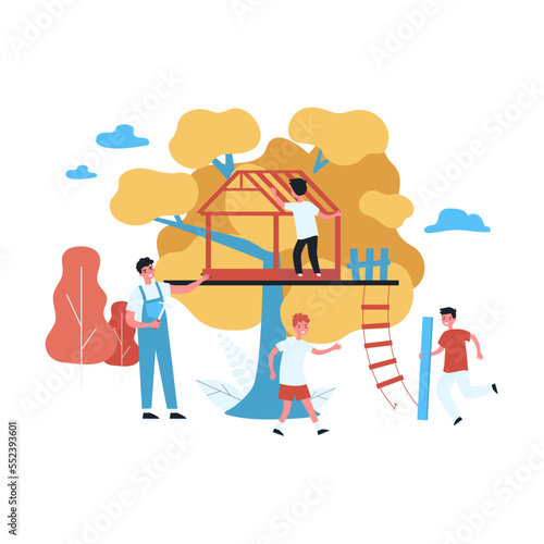 Father and kids building treehouse together. Man holding hammer and nail, son carrying wooden plank flat vector illustration. Family, outdoor activity concept for banner