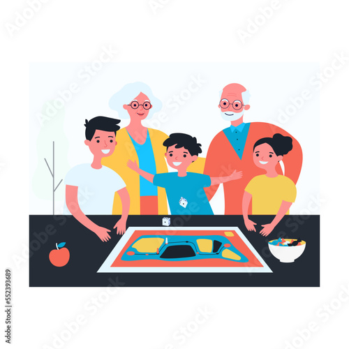 Happy children playing board game with grandparents on table. People watching boy throwing dice flat vector illustration. Family, entertainment concept for banner