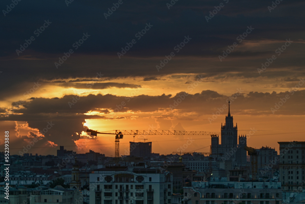 July 10, 2021. Moscow Russia. Dawn over the Russian capital and a view of the Stalin high-rise on Kotelnicheskaya embankment in the early summer morning.