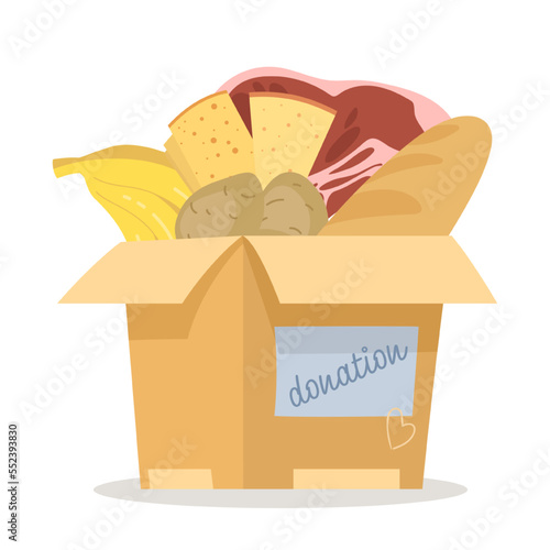 Cardboard box with food and donation label vector illustration. Cartoon drawing of groceries inside box, humanitarian aid isolated on white background. Food, charity, support concept