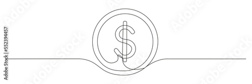 Coin continuous one line drawing art. Money dollar linear symbol. Vector isolated on white.