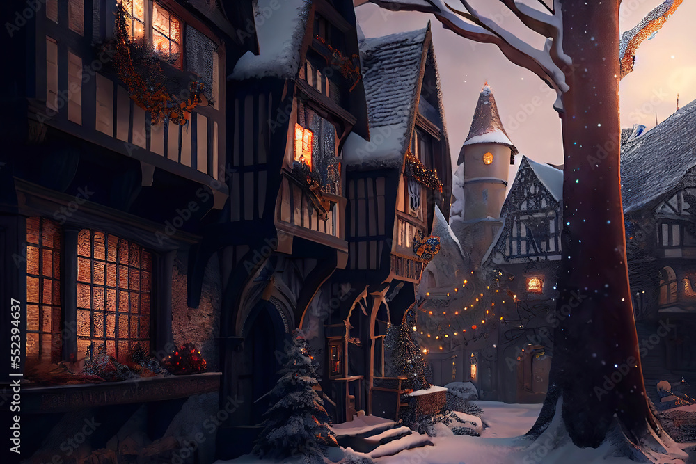Beautiful little european town with lights, winter evening, AI generated image