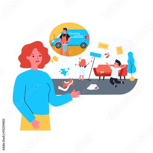 Children making mess and mother thinking of hiring cleaner. Son playing with ball, daughter marking wallpaper flat vector illustration. Childhood, cleaning service concept