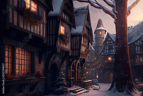 Beautiful little european town with lights, winter evening, AI generated image