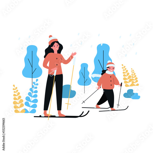 Mom and daughter skiing together. Flat vector illustration. Woman, little girl in winter clothes skiing under snow, enjoying company of each other. Family, winter holidays