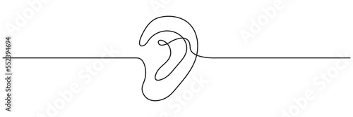 Ear continuous one line drawing. Hand drawn outline hear symbol. Vector illustration isolated on white.	