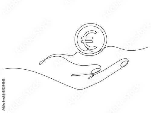 Hand holding coin continuous one line drawing art. Euro linear symbol. Savings money concept. Vector isolated on white.